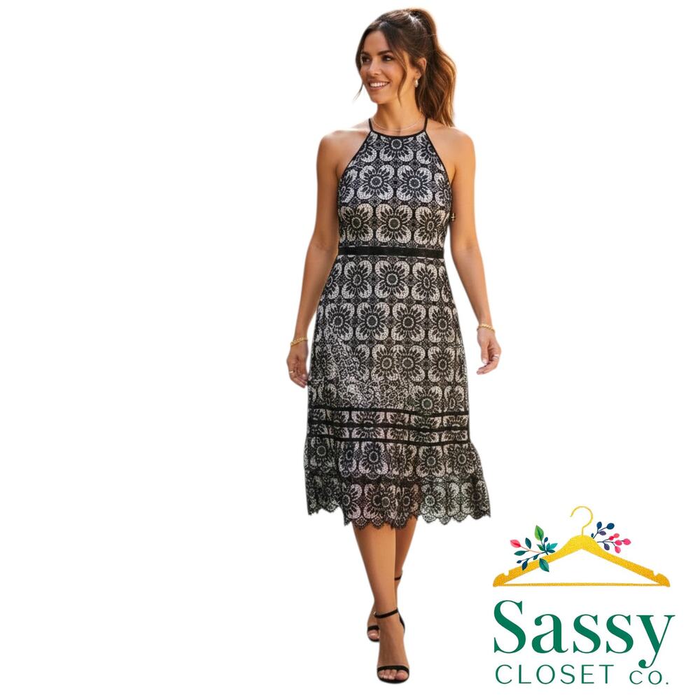 Banana Republic Black Lace Halter Dress 14 White Contrast Medallion Midi 326354